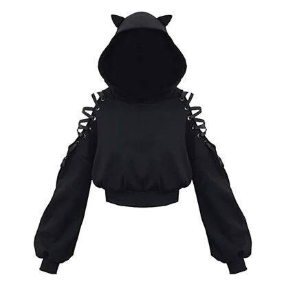 Lace-up Shoulder Hoodie with Cat ear