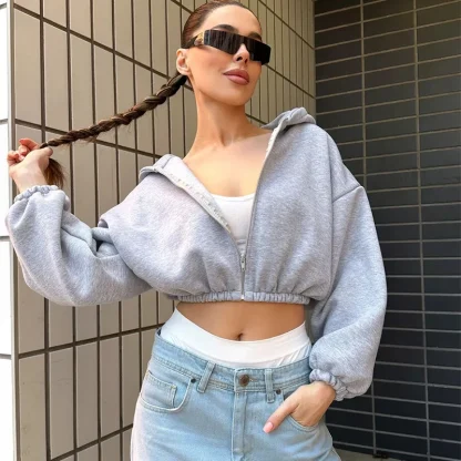 Solid Color Cropped Hoodie with Elastic Waist - Image 2