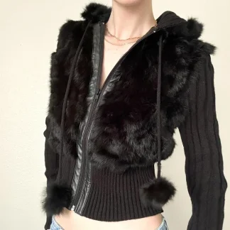 Black Zip Up Hooded Jacket with Faux Fur