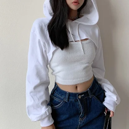Long Sleeve Cropped Hoodie with Solid Color - Image 2