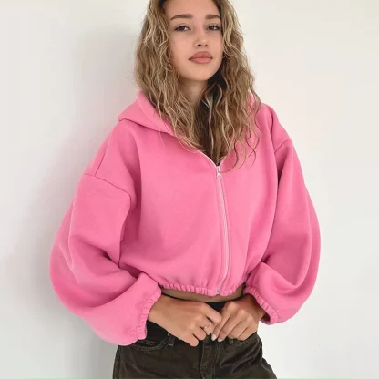 Solid Color Cropped Hoodie with Elastic Waist - Image 5
