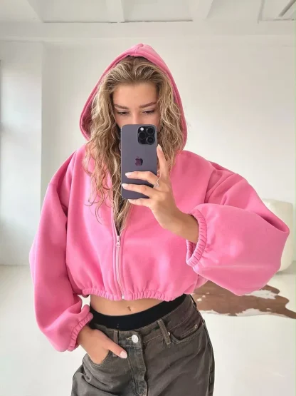 Solid Color Cropped Hoodie with Elastic Waist - Image 10