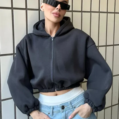Solid Color Cropped Hoodie with Elastic Waist - Image 3