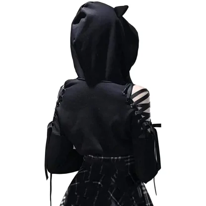 Lace-up Shoulder Hoodie with Cat ear - Image 4