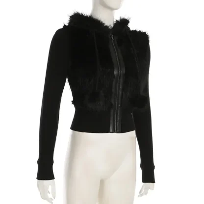 Black Zip Up Hooded Jacket with Faux Fur - Image 8
