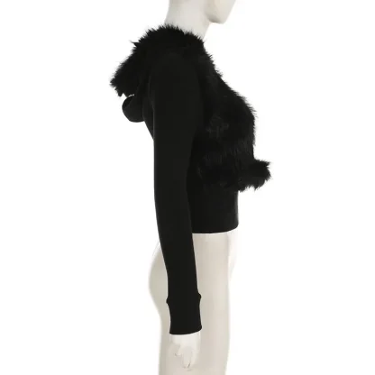 Black Zip Up Hooded Jacket with Faux Fur - Image 9