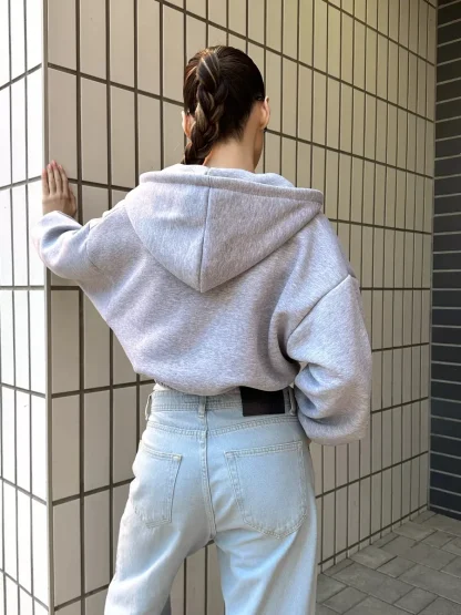 Solid Color Cropped Hoodie with Elastic Waist - Image 7
