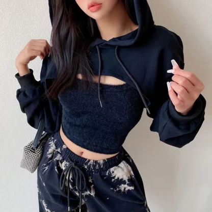 Long Sleeve Cropped Hoodie with Solid Color - Image 4