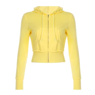 Zip Cropped Hoodie with Creative Drawstring