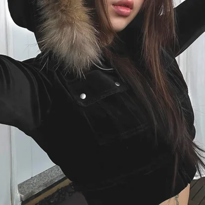 Slim Fit Cropped Hoodie with Faux Fur - Image 3