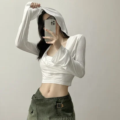 Sexy Plunge Neckline Cropped Hoodie - Image 5
