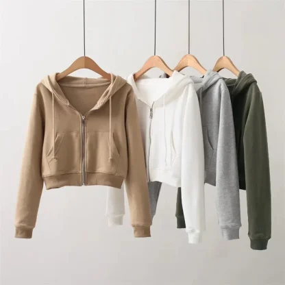 Zippered Cropped Hoodie with Pocket - Image 2