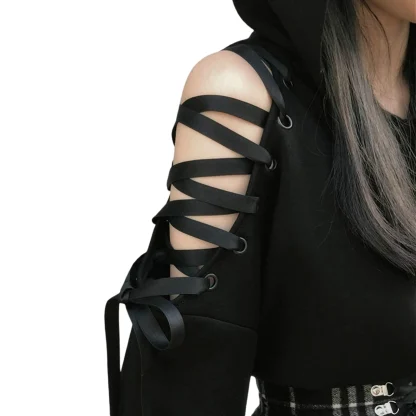 Lace-up Shoulder Hoodie with Cat ear - Image 5