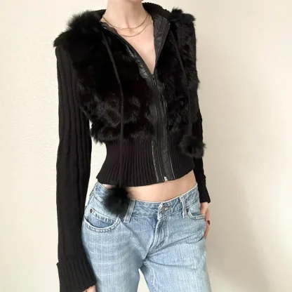 Black Zip Up Hooded Jacket with Faux Fur - Image 3