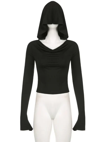 Chic Black Cropped Hoodie with Off-shoulder - Image 2