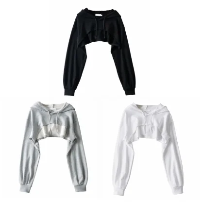 Long Sleeve Cropped Hoodie with Solid Color - Image 6