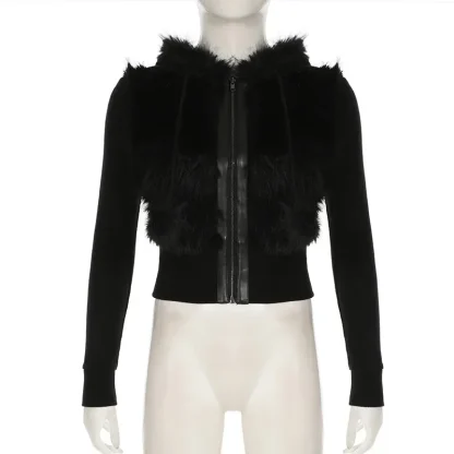 Black Zip Up Hooded Jacket with Faux Fur - Image 5