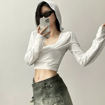 Sexy Plunge Neckline Cropped Hoodie - Image 2