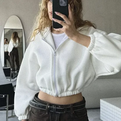 Solid Color Cropped Hoodie with Elastic Waist - Image 4