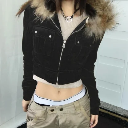 Slim Fit Cropped Hoodie with Faux Fur - Image 2