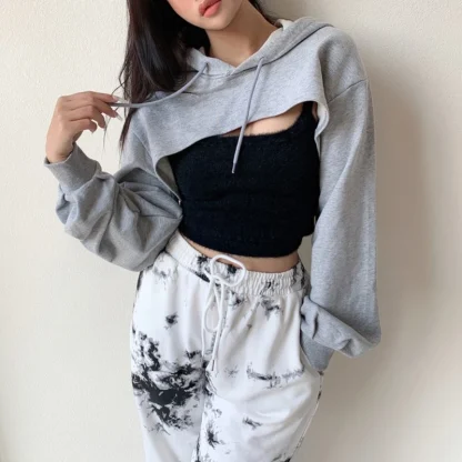Long Sleeve Cropped Hoodie with Solid Color - Image 3