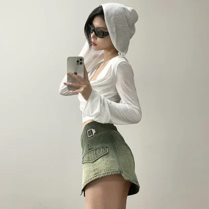 Sexy Plunge Neckline Cropped Hoodie - Image 3