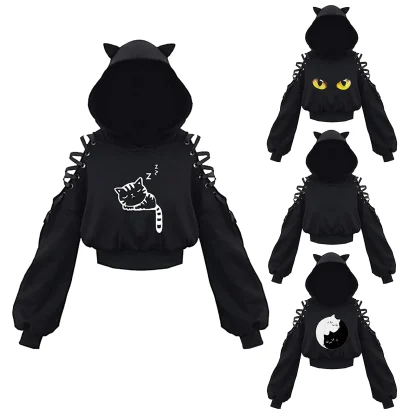 Lace-up Shoulder Hoodie with Cat ear - Image 2