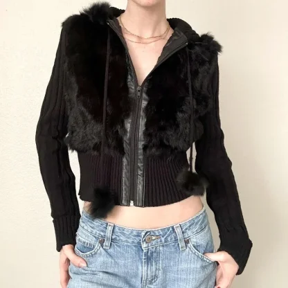 Black Zip Up Hooded Jacket with Faux Fur - Image 2