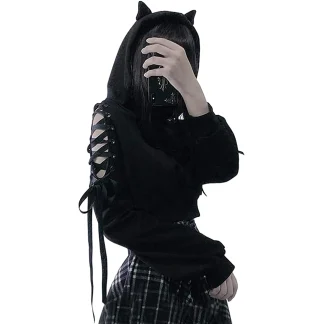 Black Lace-up Shoulder Hoodie with Cat Ear