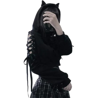 Black Lace-up Shoulder Hoodie with Cat Ear