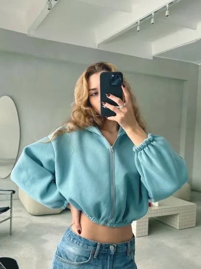 Solid Color Cropped Hoodie with Elastic Waist - Image 12