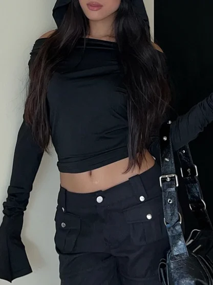 Chic Black Cropped Hoodie with Off-shoulder